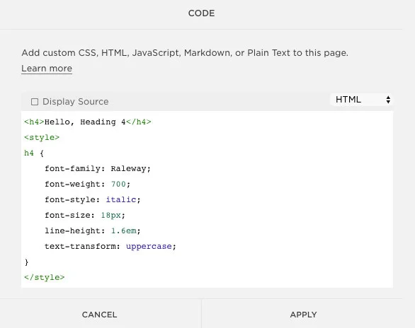 SquareSpace code block dialog — This panel is your direct connection to adding your own custom CSS and markup.