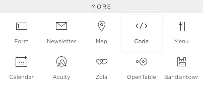 SquareSpace code block — Adding a new code block to the page.