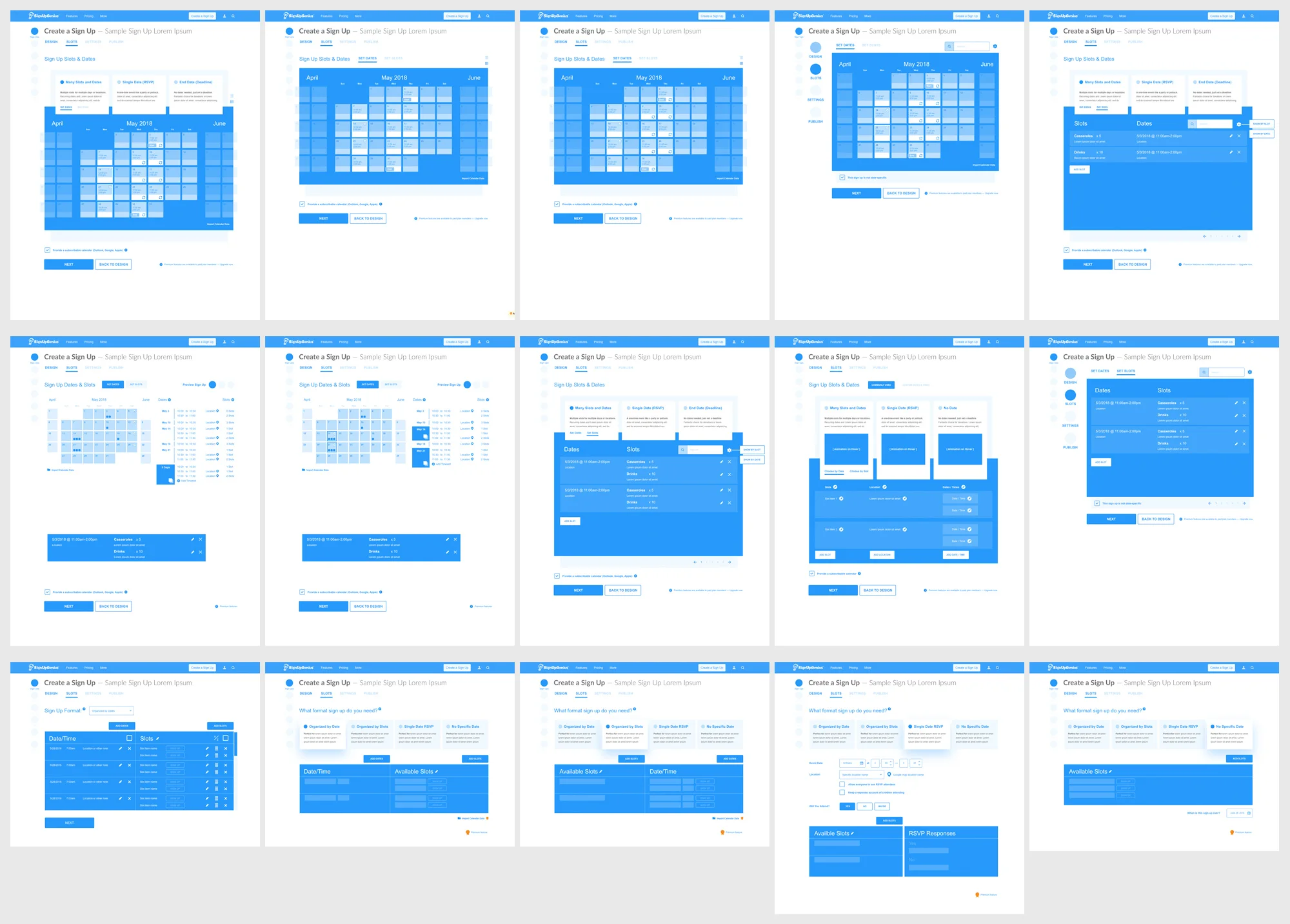 A whole lot of wireframes were generated with possibilities on how to merge two steps together.
