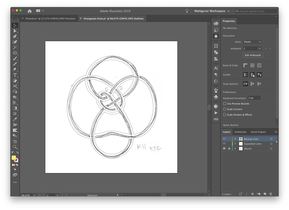 Seen here are both line layers; the expanded lines, the backup original lines, and outline mode showing how everything is aligned exactly on top of the sketch.