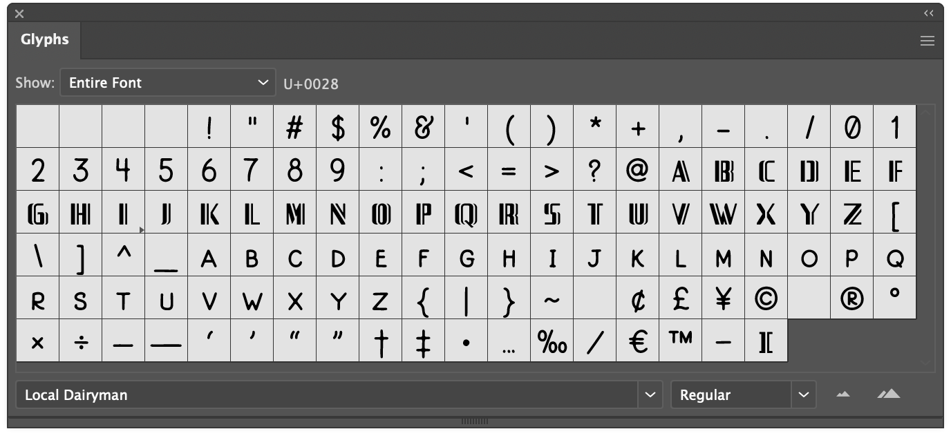 Local Dairyman font glyphs in Illustrator glyph grid