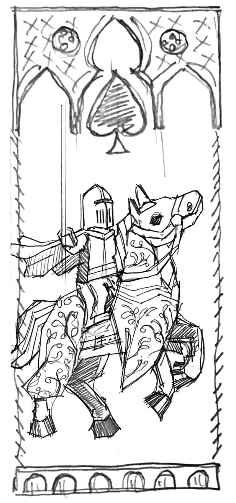Jack of spades sketch in a medieval style side horse profile knight