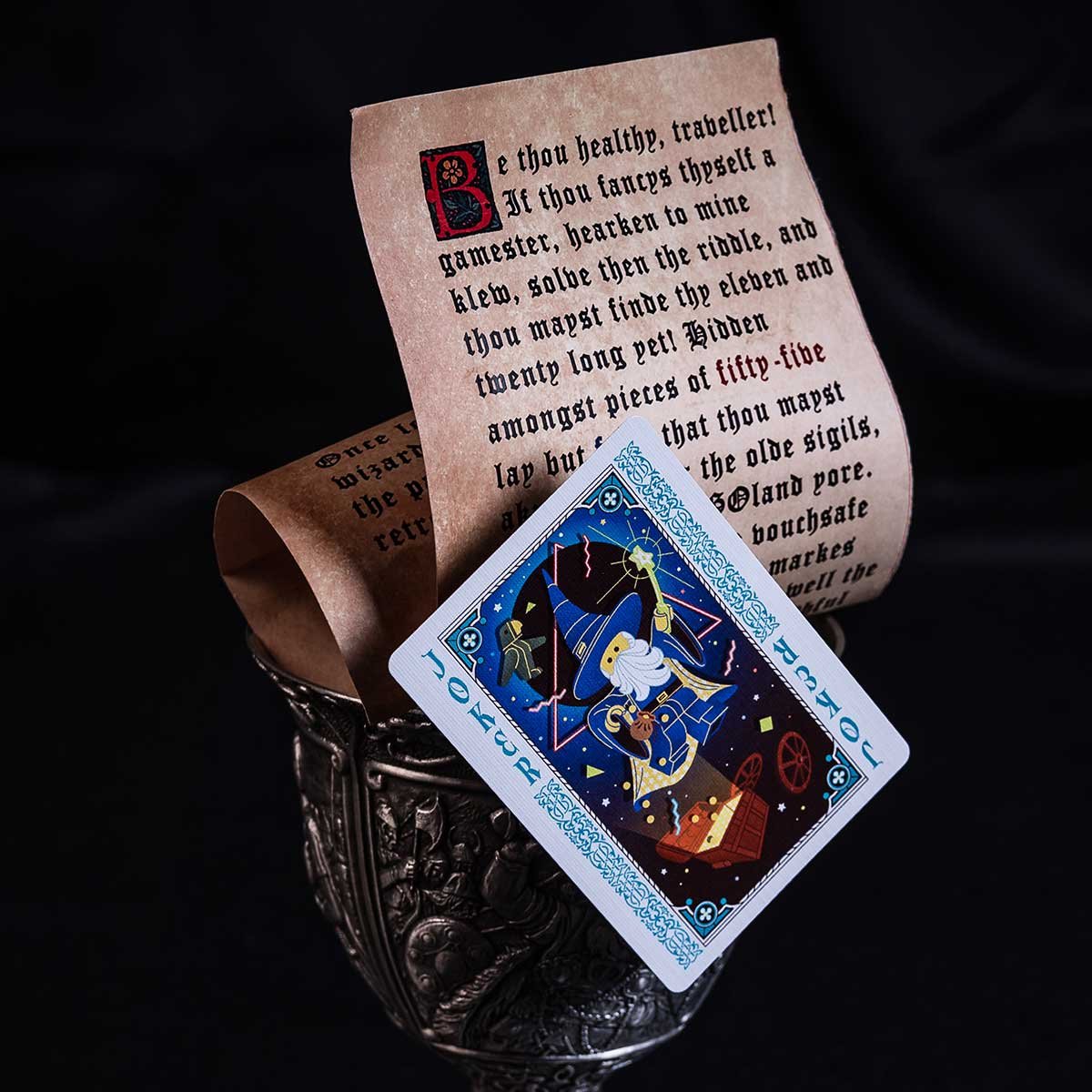 LEGO poker cards and mysterious letter with Vitruvius the wizard and silver goblet