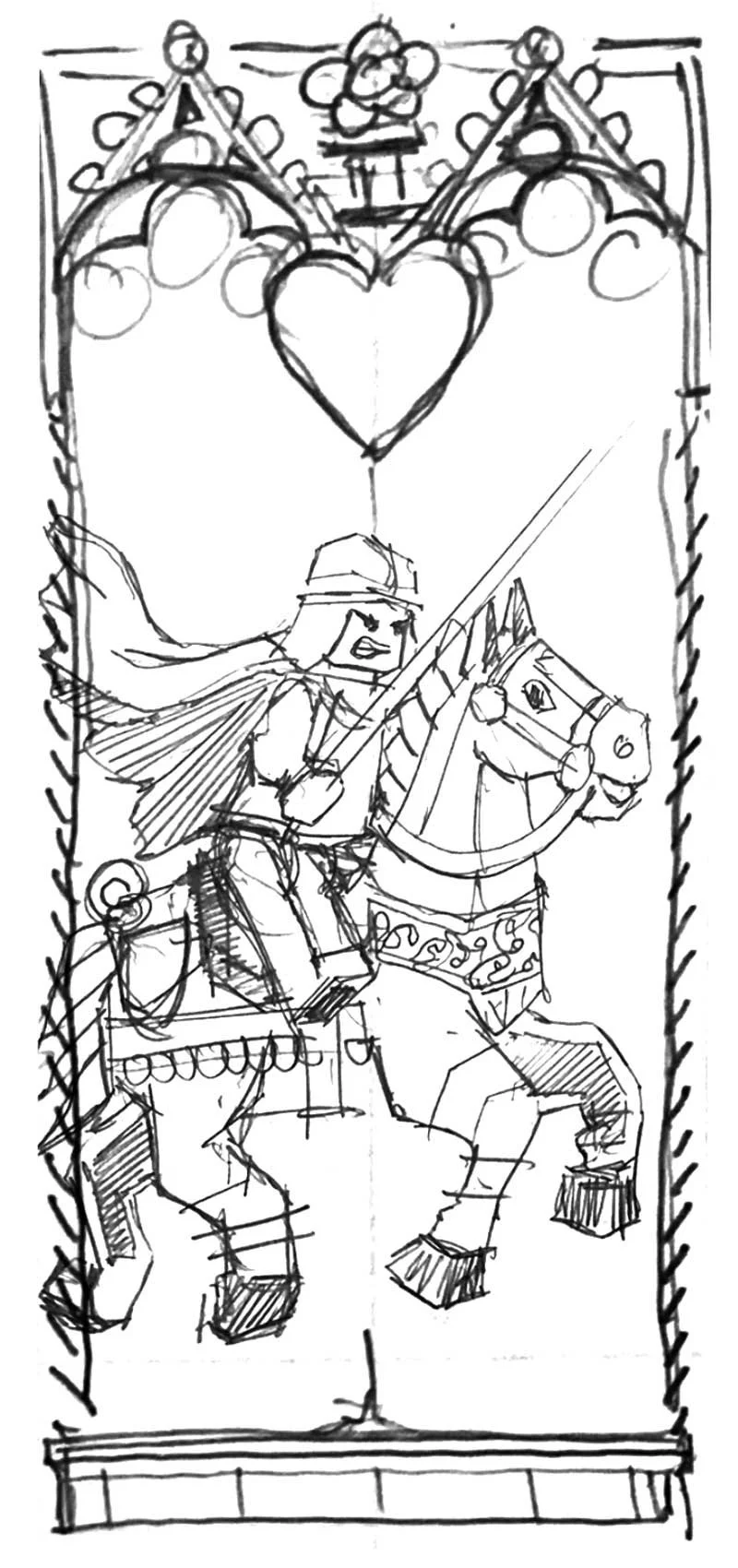 Jack of hearts sketch in a medieval style side horse profile knight