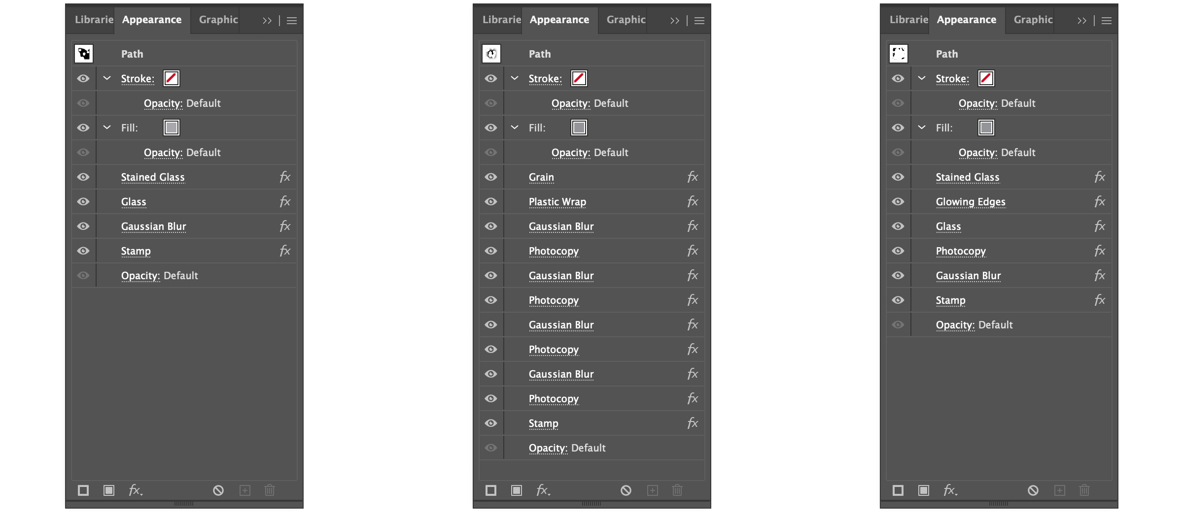 Giraffe, blowfish, and leopard Turing pattern settings in Illustrator appearance panel
