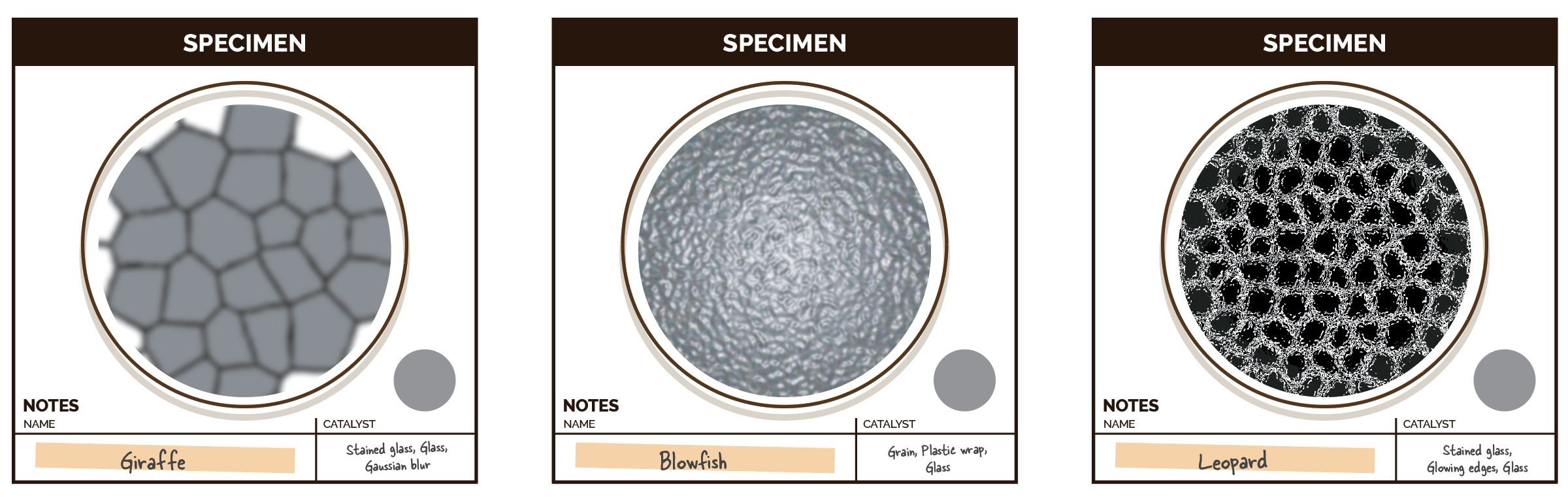 Giraffe, blowfish, and leopard pattern samples with more filters applied