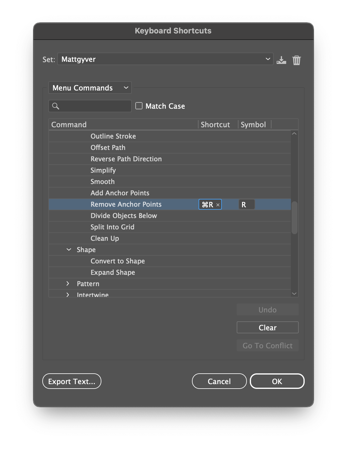 Create a shortcut to remove anchor points