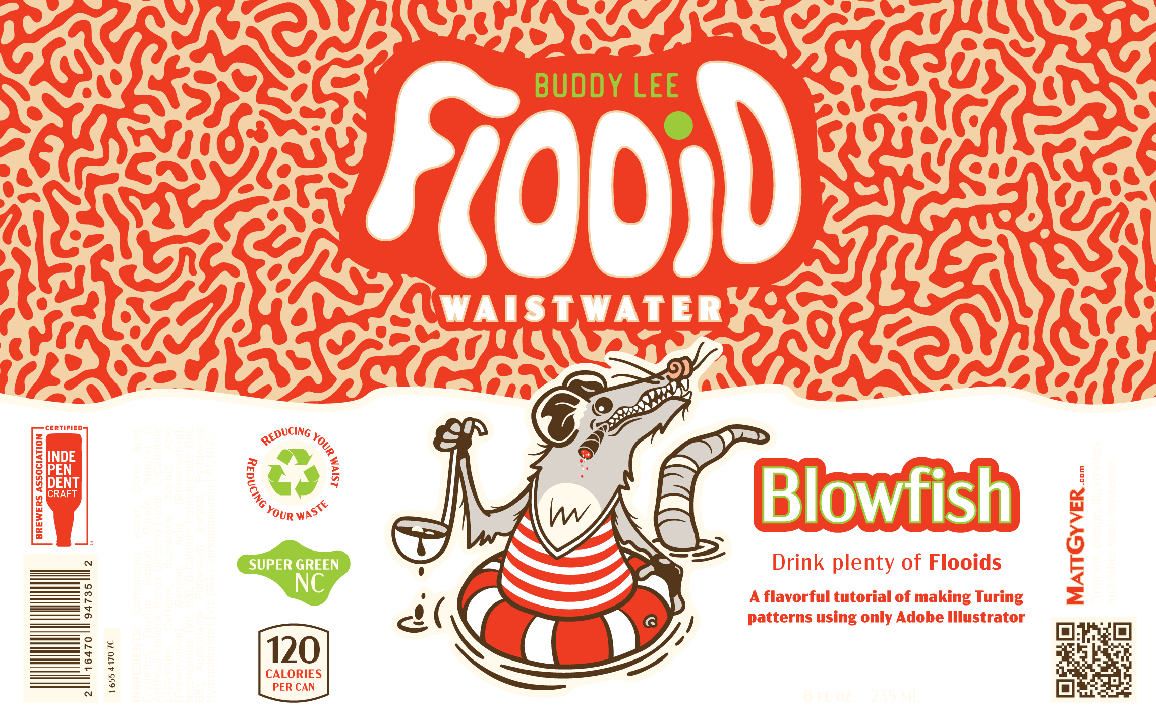Flooid can label design with turing pattern and possum holding ladle