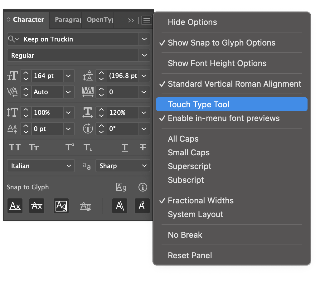 Character panel showing how to enable the touch type tool