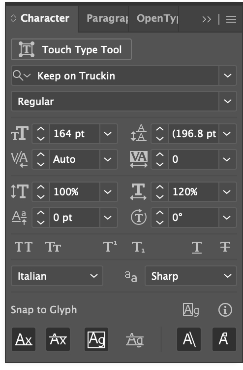 Character panel with the Touch Type tool enabled