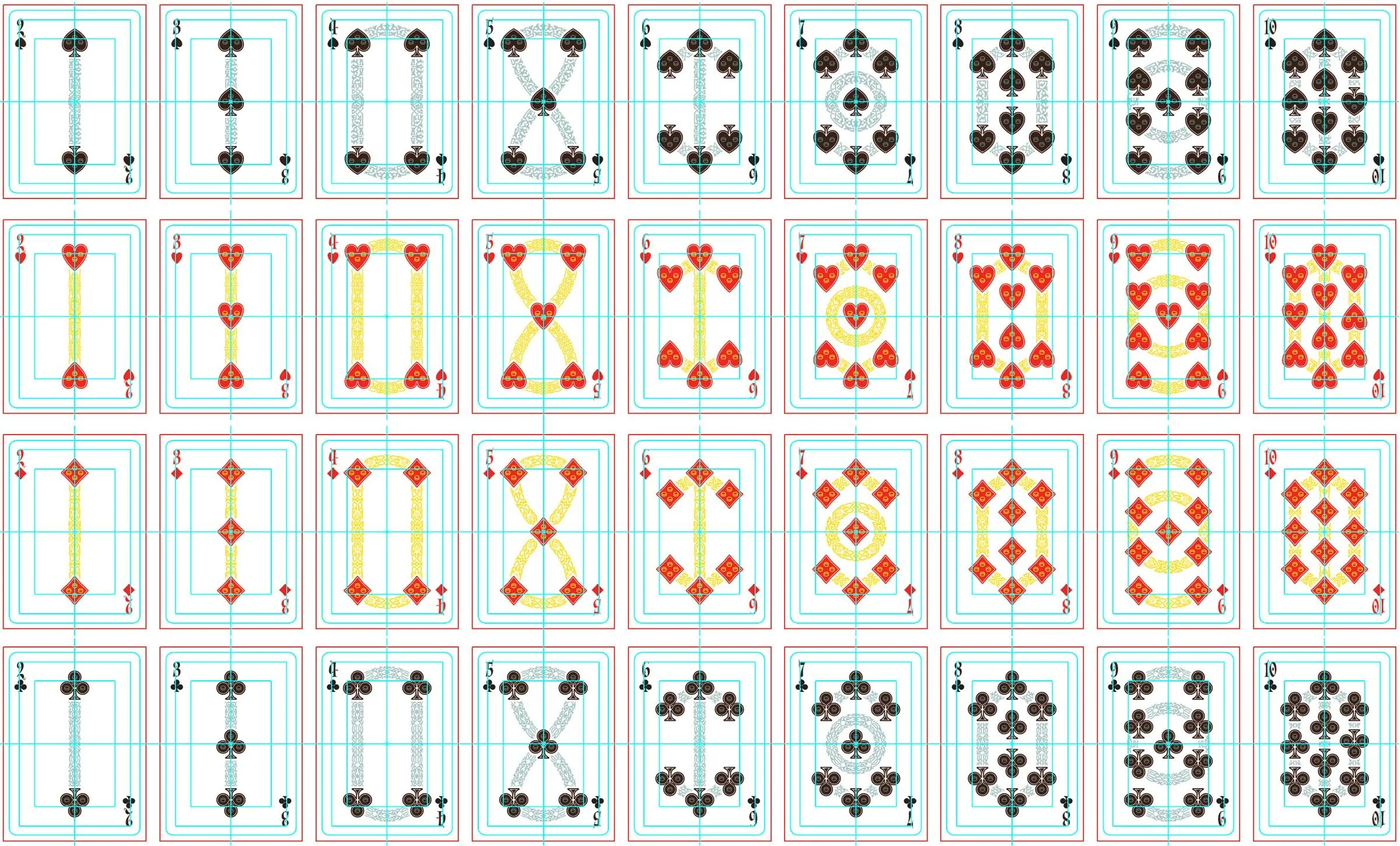 Numbered cards showing illustrator guides, bleed, and cropped with decorative borders