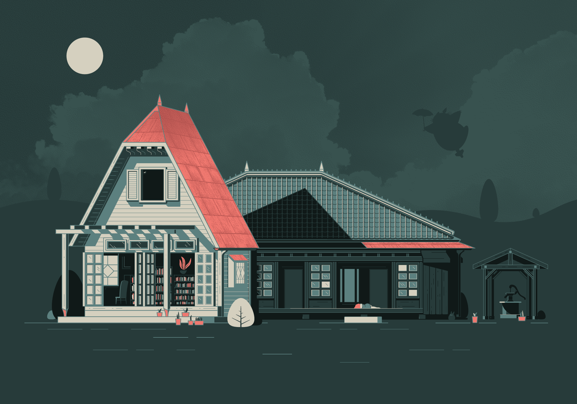My Neighbor Totoro house on a dark background 5 colors architecture landscape illustration