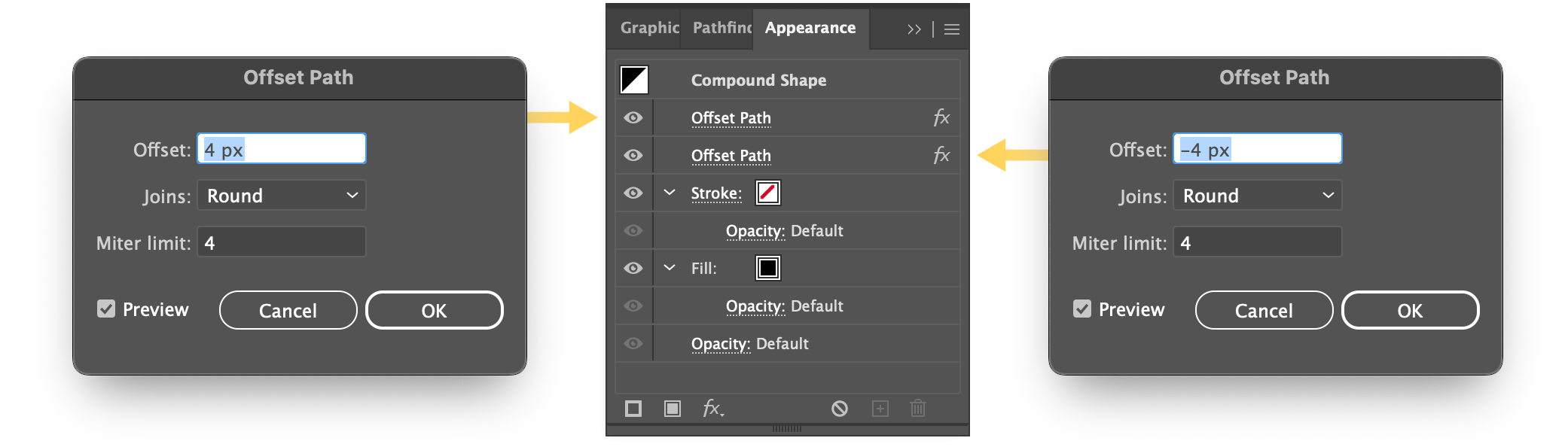The type appearance panel with two offset path effects applied