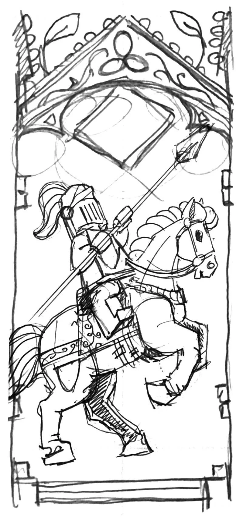 Jack of diamonds sketch in a medieval style side horse profile knight