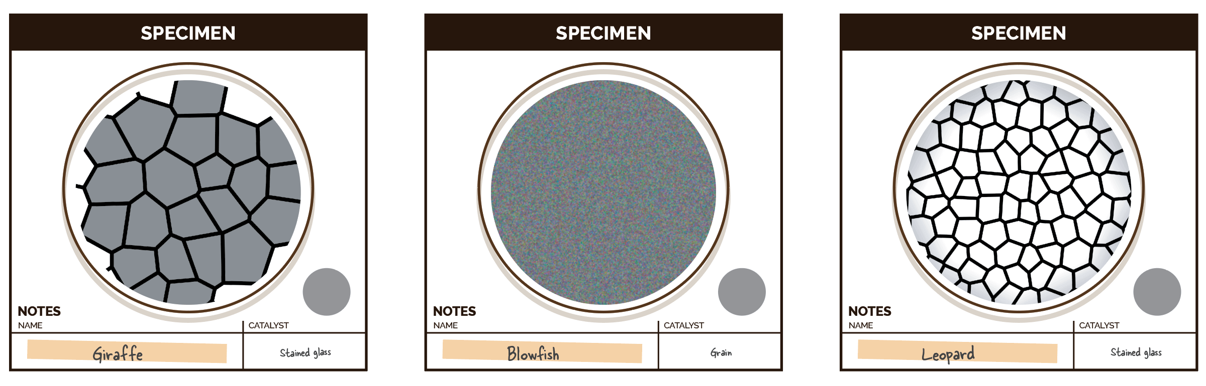 Giraffe, blowfish, and leopard pattern samples with filters applied