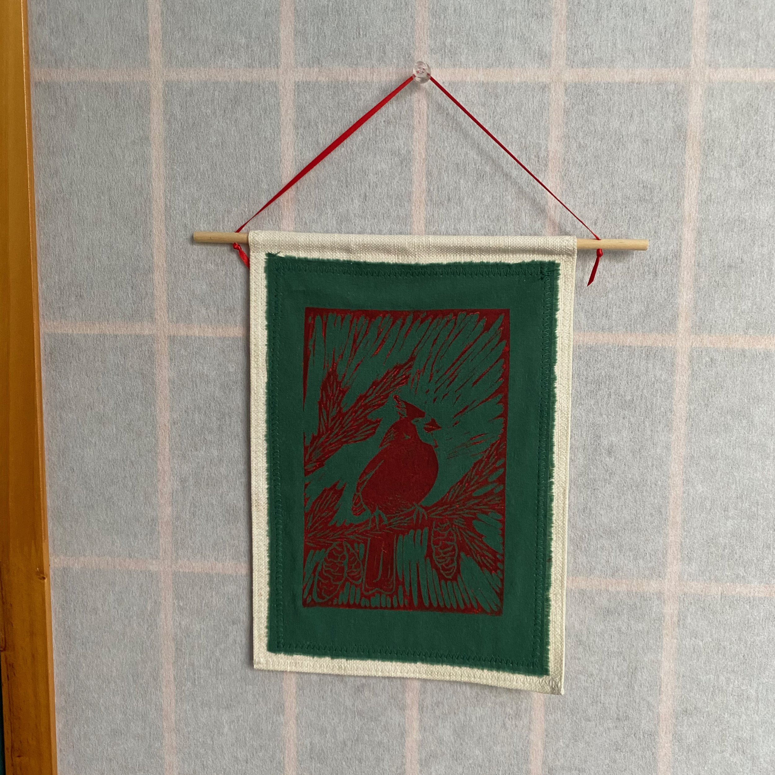 cardinal block print hanging