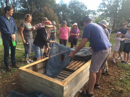 Step 2&3: Palettes down to create an 'air-pocket' which will prevent the roots of a nearby eucalyptus from impacting on the garden bed. (This step is only necessary if there is a eucalyptus nearby!) Then, a layer of shade-cloth to prevent the soil falling through.
