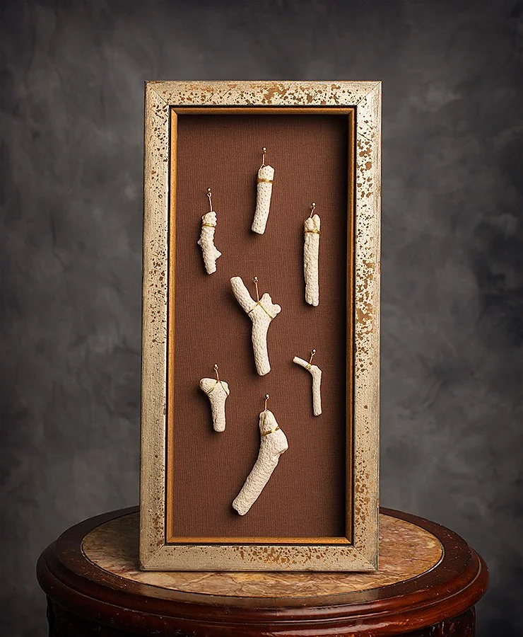  Pieces of coral were wrapped in wire and hung from pegs going through the mat board.  