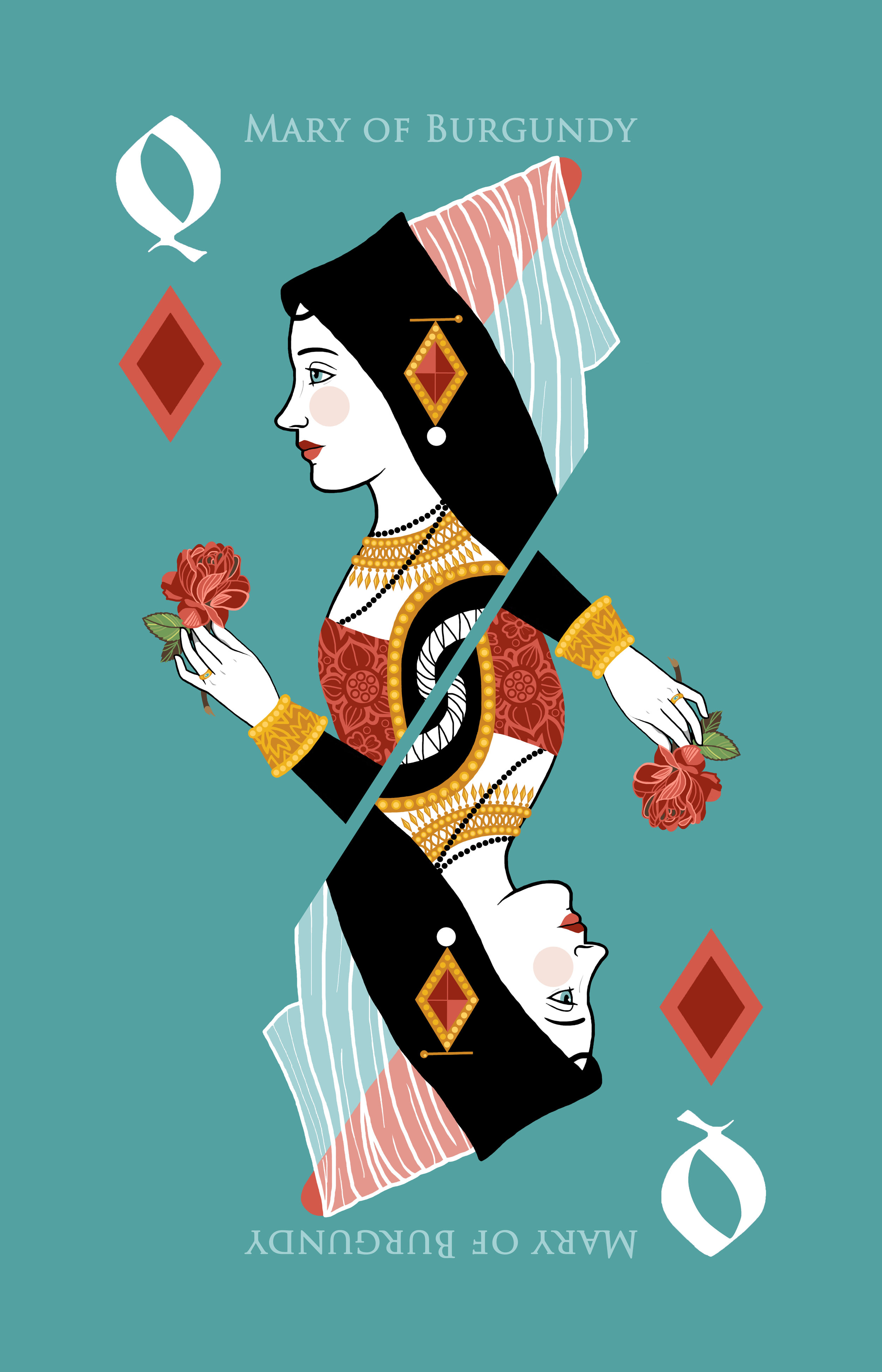 Medieval Playing Cards (Series II, Rabbit Cards) - Queen of Diamonds (Mary of Burgundy)