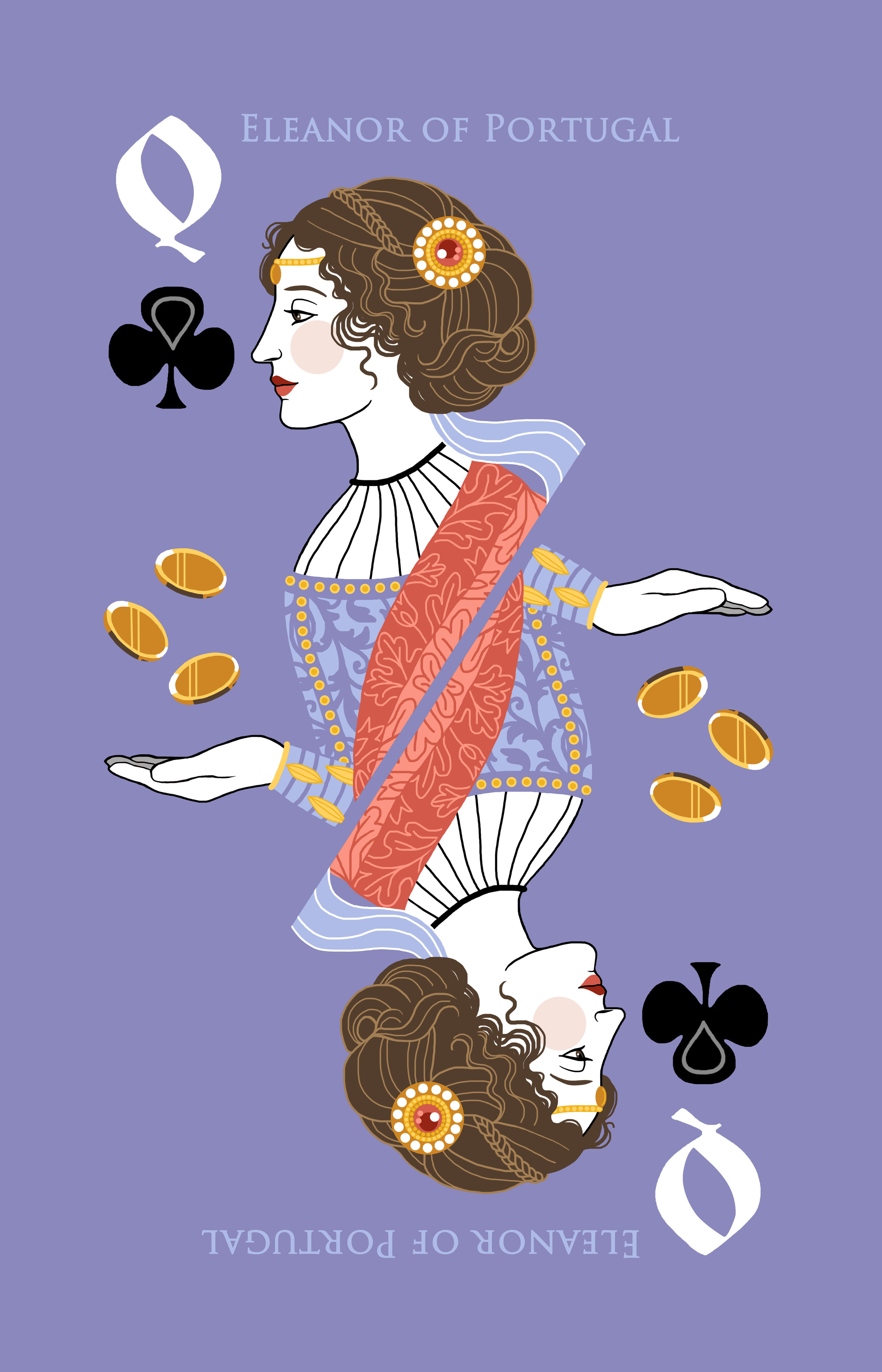 Medieval Playing Cards (Series II, Rabbit Cards) - Queen of Clubs (Eleanor of Portugal)