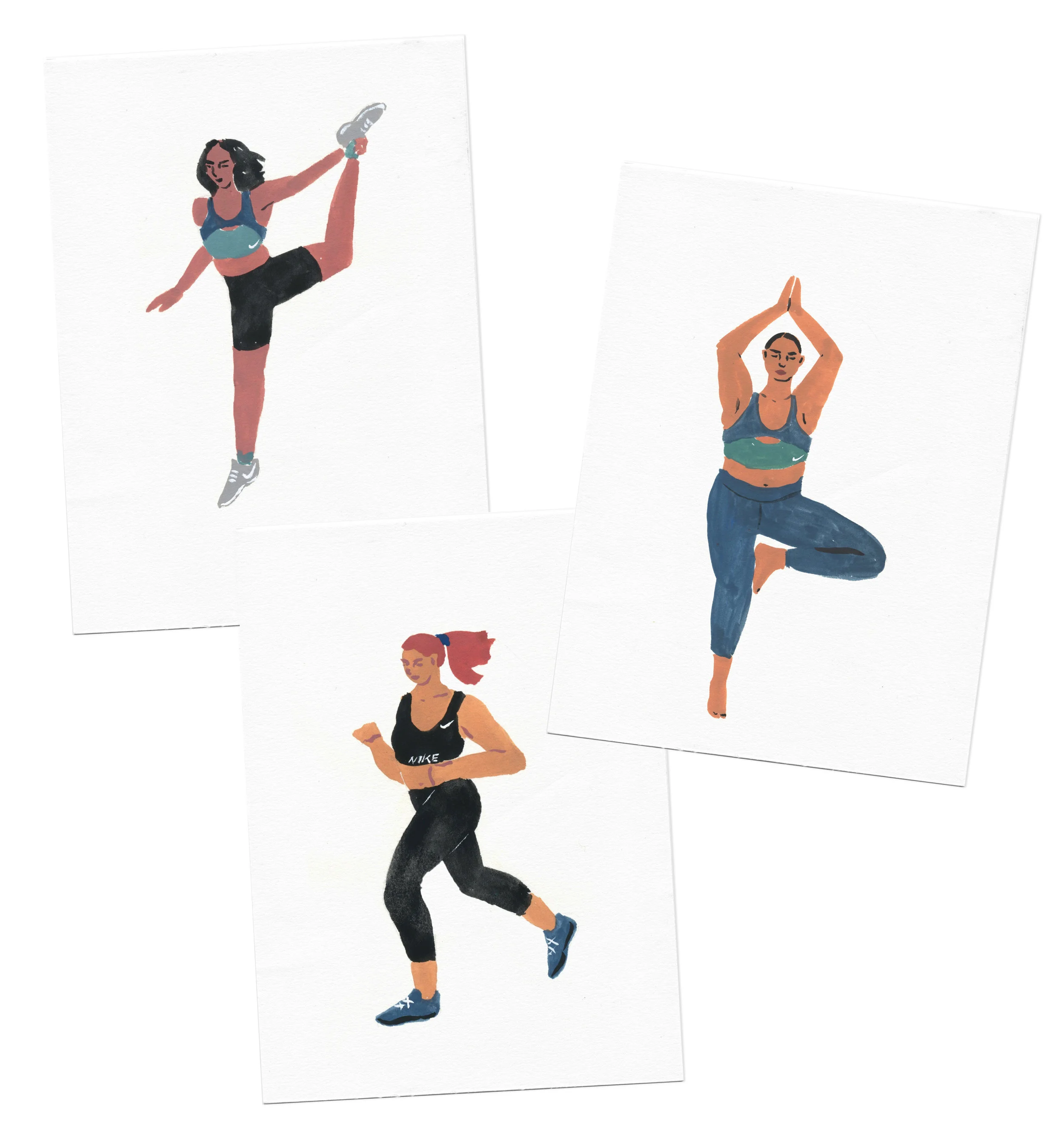 For Nike Women, sporty portrait drawing of guests at an event promoting new sports bras