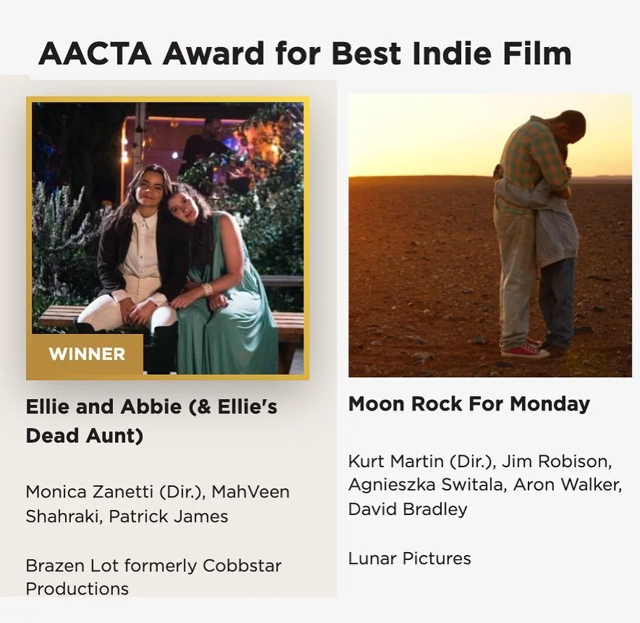 What a joy it was to work with first time Writer/Directors Kurt Martin (Moonrock for Monday) and Monica Zanetti (Ellie&amp;Abbie and Ellie's Dead Aunt), both nominated for the #Aacta award for Best Indie Film. And what a delight to see Ellie&amp;Abbi