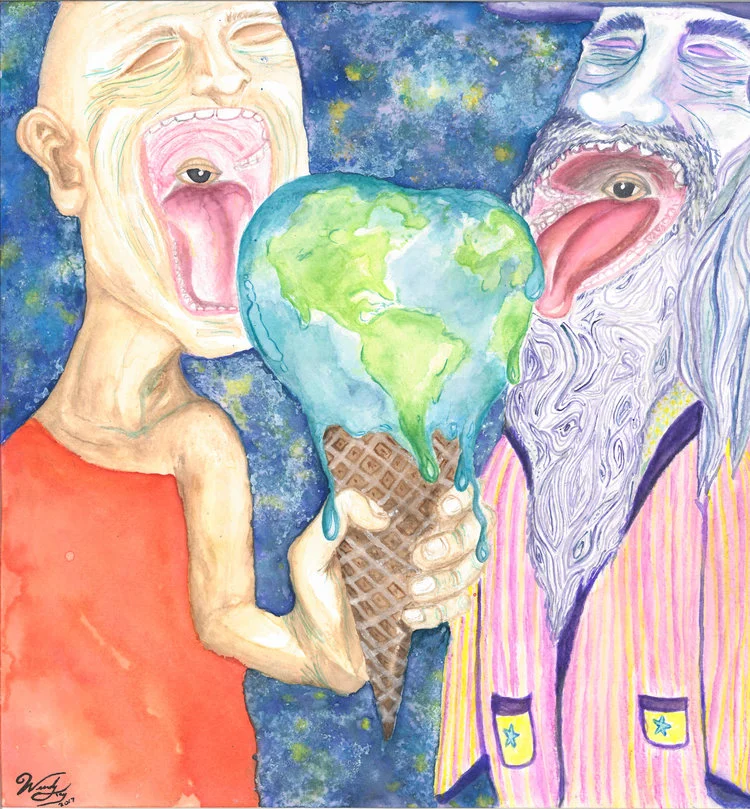 Watercolor on cold press paper. This colorful piece depicts two individuals in outer space eating a terrestrial treat that is quickly melting before their closed eyes.