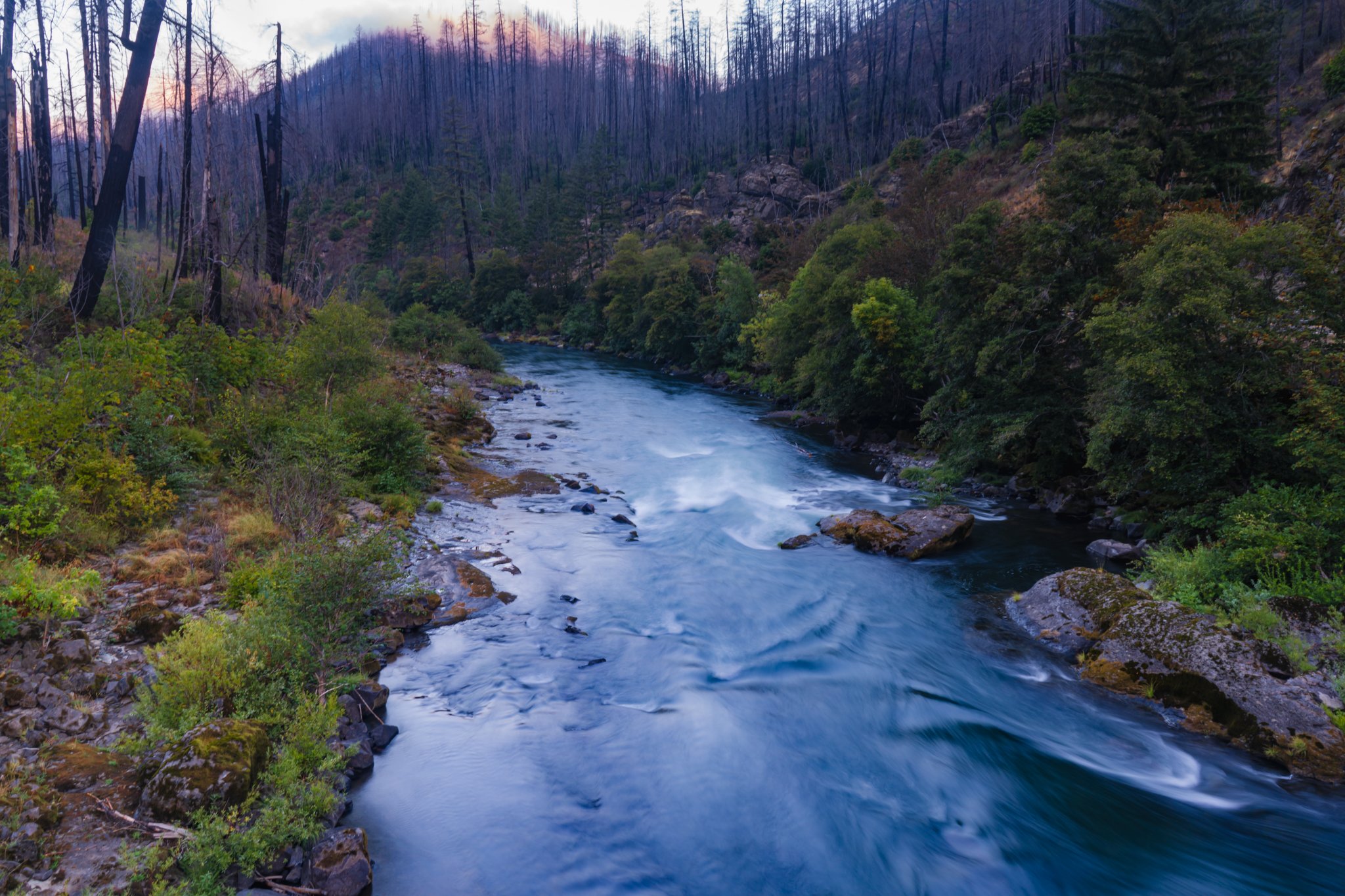  The North Umpqua River during an early summer sunrise. This photo was taken with a slow shutter speed. Photo by Nick Basaraba 