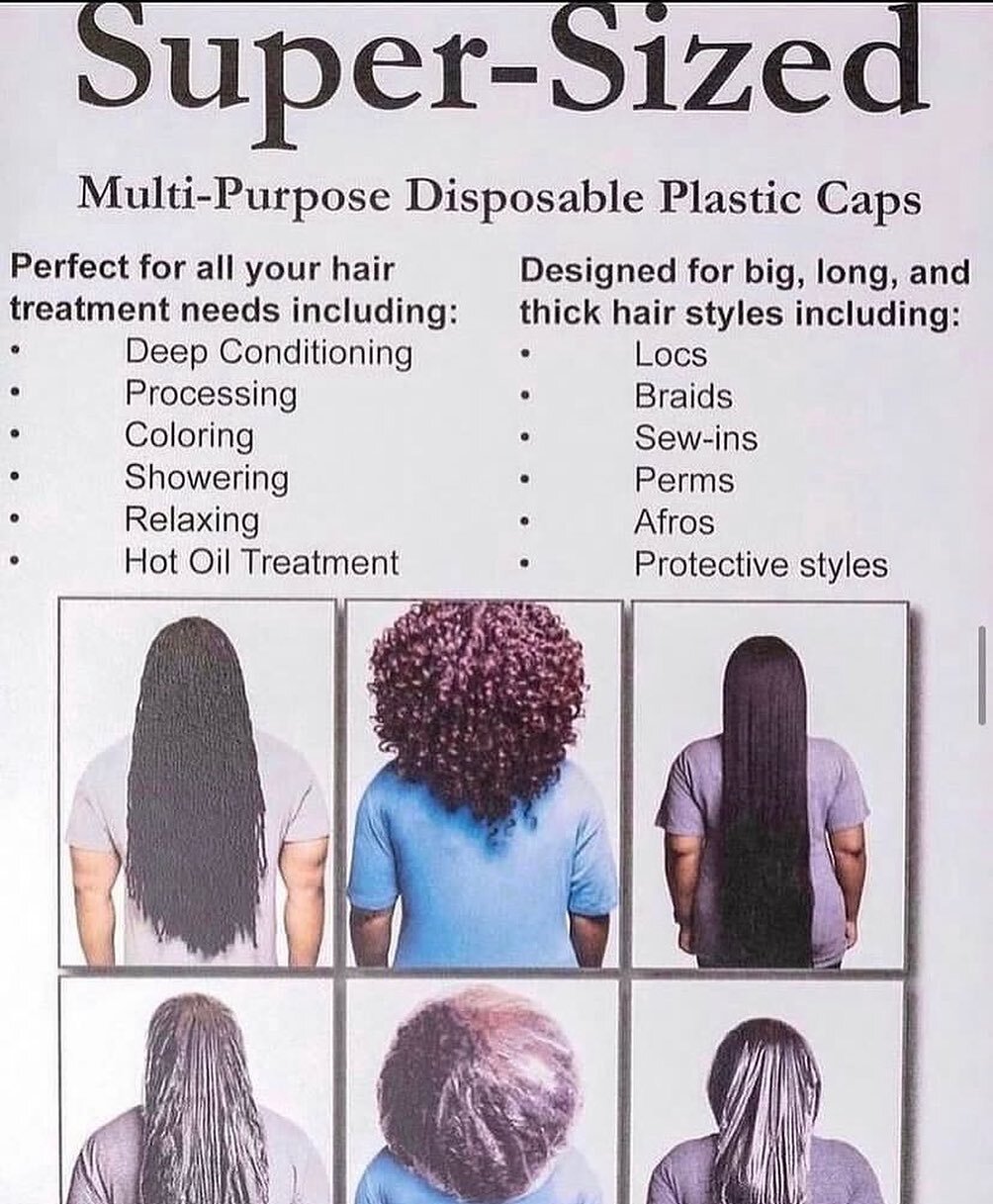 Long locs? Long hair? Thick locs? Thick hair? Curly hair? Let us introduce you to the Super Size plastic cap. It  was created to remedy the issue of having to use 2-3 small caps or even a recycled grocery bag. Shop with us today and start protecting 