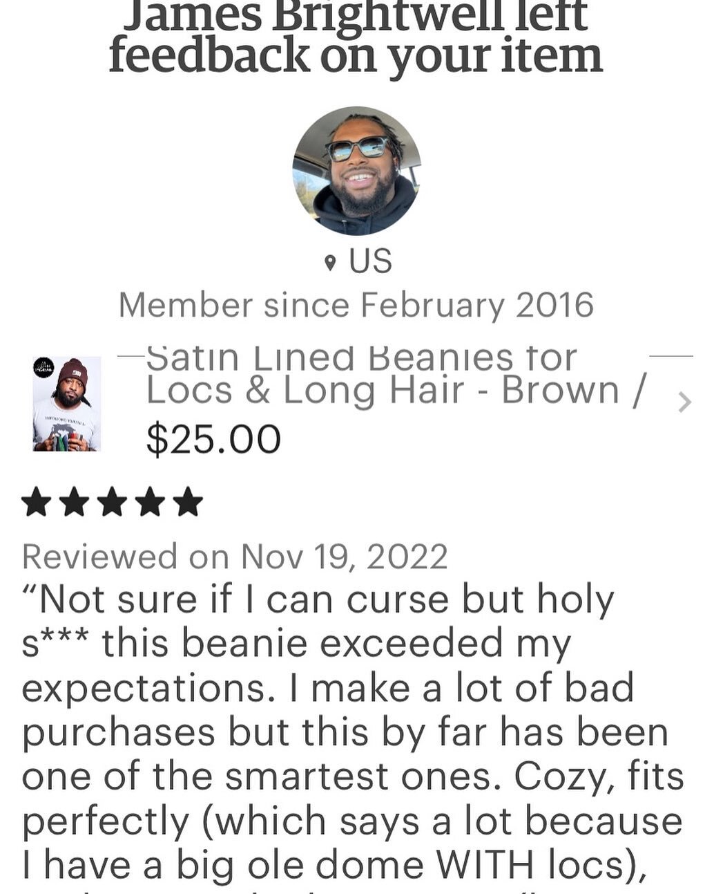 Shout out to James for your 5 Star review at our TheodoreVernell Shop on #etsy 
 

https://www.etsy.com/shop/TheodoreVernellShop

#beaniehat #beaniehatmurah #customersatisfaction #beanie #customerexperience #locs #locmaintenance #longdreads #longlocs
