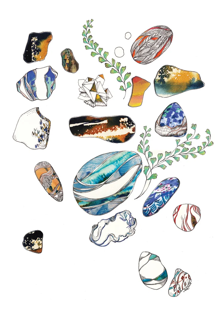 Title: 'Rock Collection' part of the Cabinet of Curiosities series. Medium: Pen and Ink, paper cut-outs, gouache on Stonehenge paper Size: 12" x 16" Year: 2015