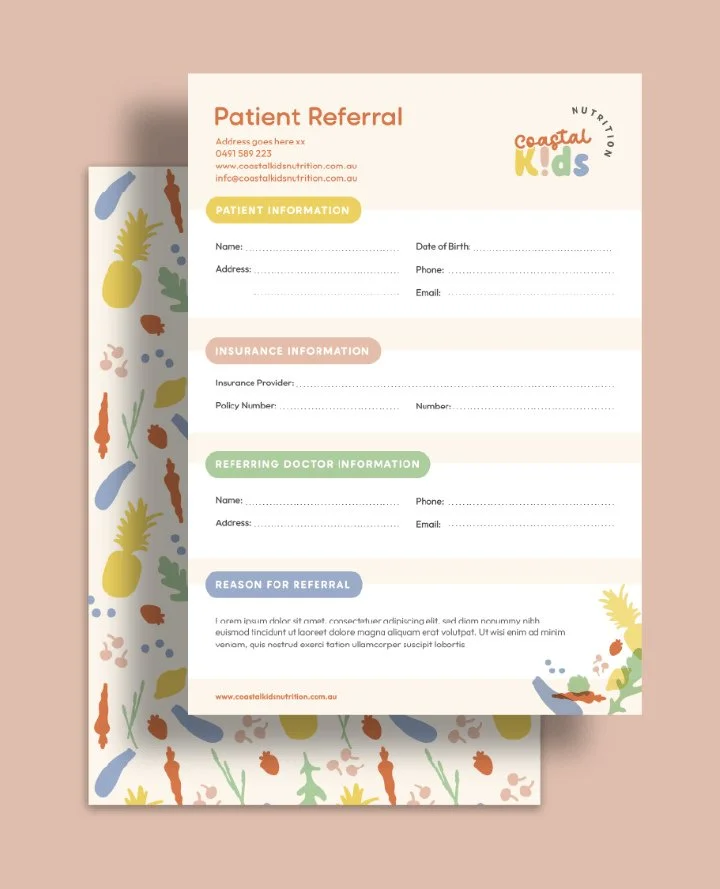 Because even the paperwork deserves personality 🥕✨ Our referral form for Coastal Kids Nutrition turns admin into art &mdash; bright, friendly, and made to make healthy feel happy. #patientreferraldesign #coastalkids #kidsbrandingdesign
