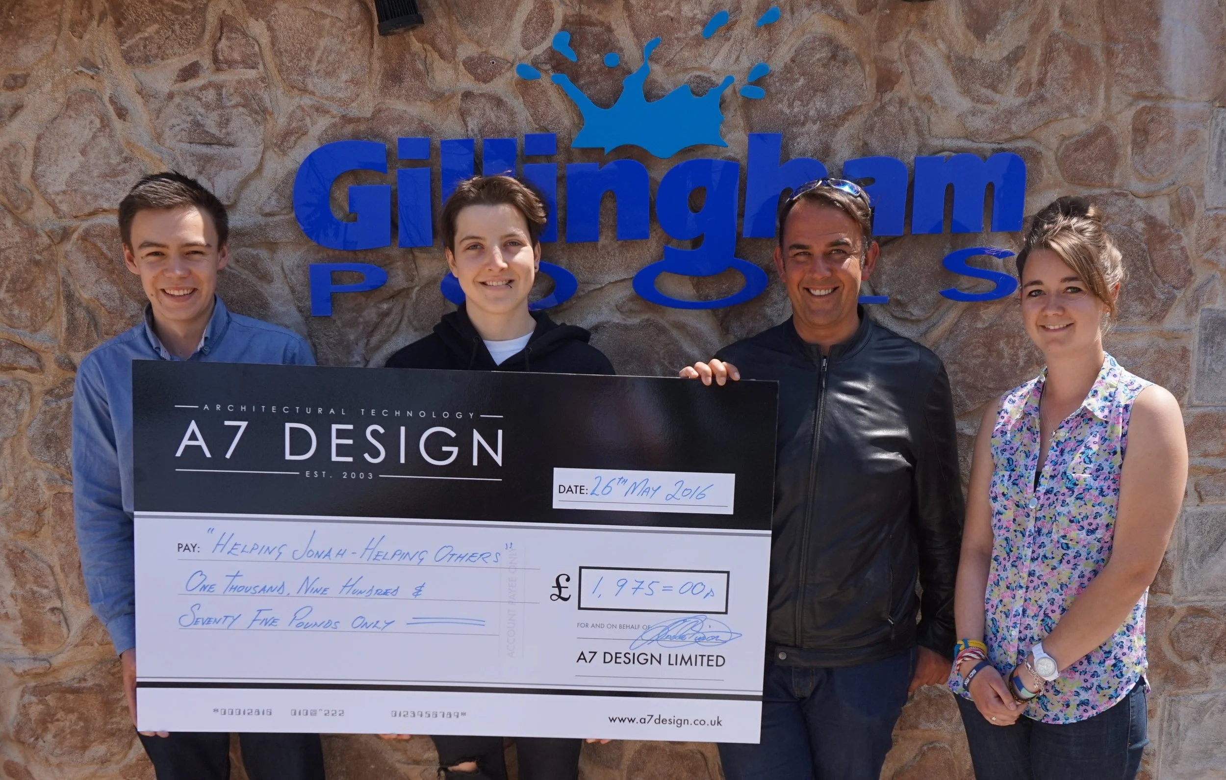 A7 DESIGN - thanks to the team at A7 design for raising an amazing £ 1,975.00 through their donation scheme. Jonah 2nd left with Andre Bisson 3rd left and Team