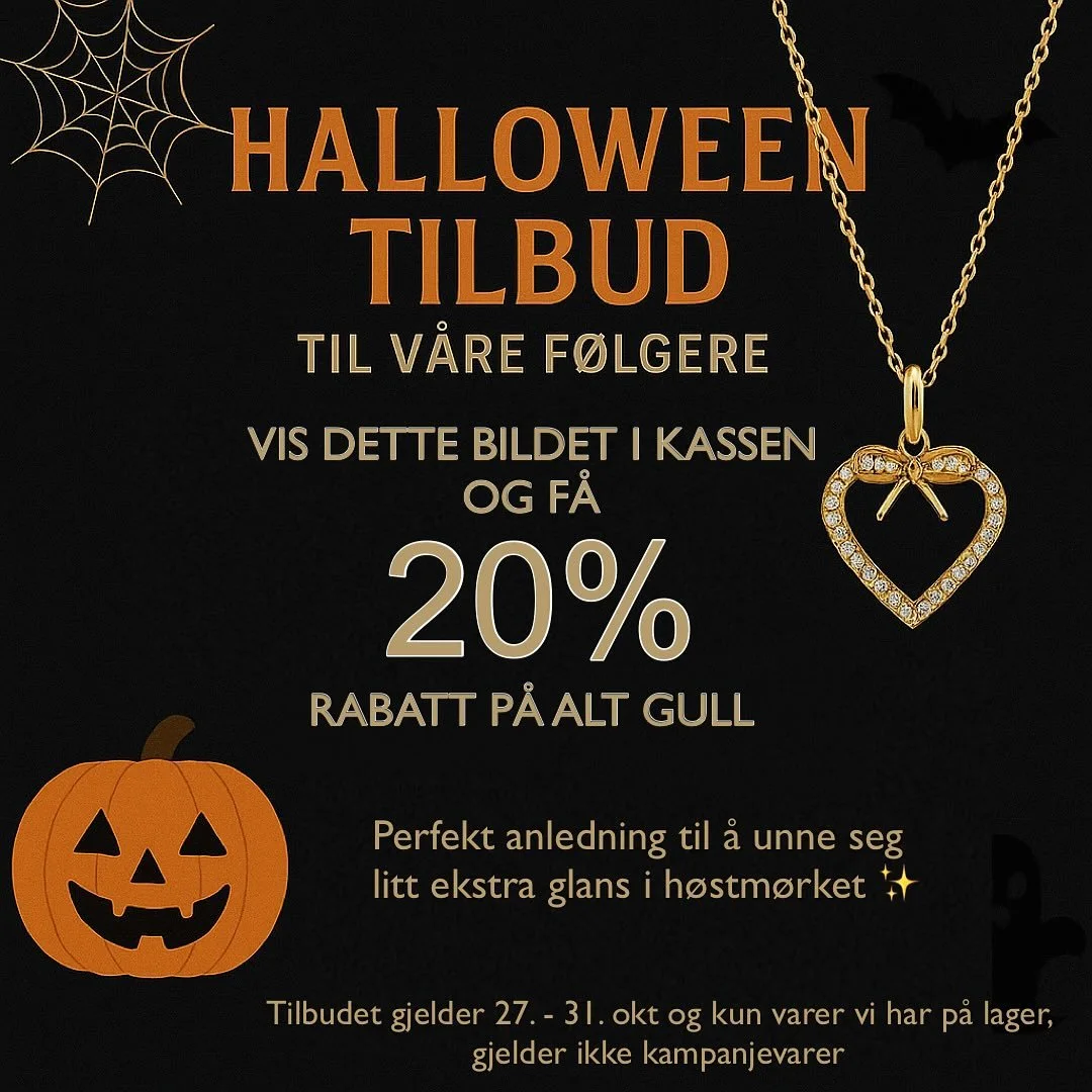 Halloween nærmer seg og vi har et skremmende godt tilbud til våre følgere 🫣 Vis dette bildet i kassen og få 20% rabatt på alt gull! Tilbudet gjelder 27. - 31. okt og kun varer vi har på lager, gjelder ikke gifter