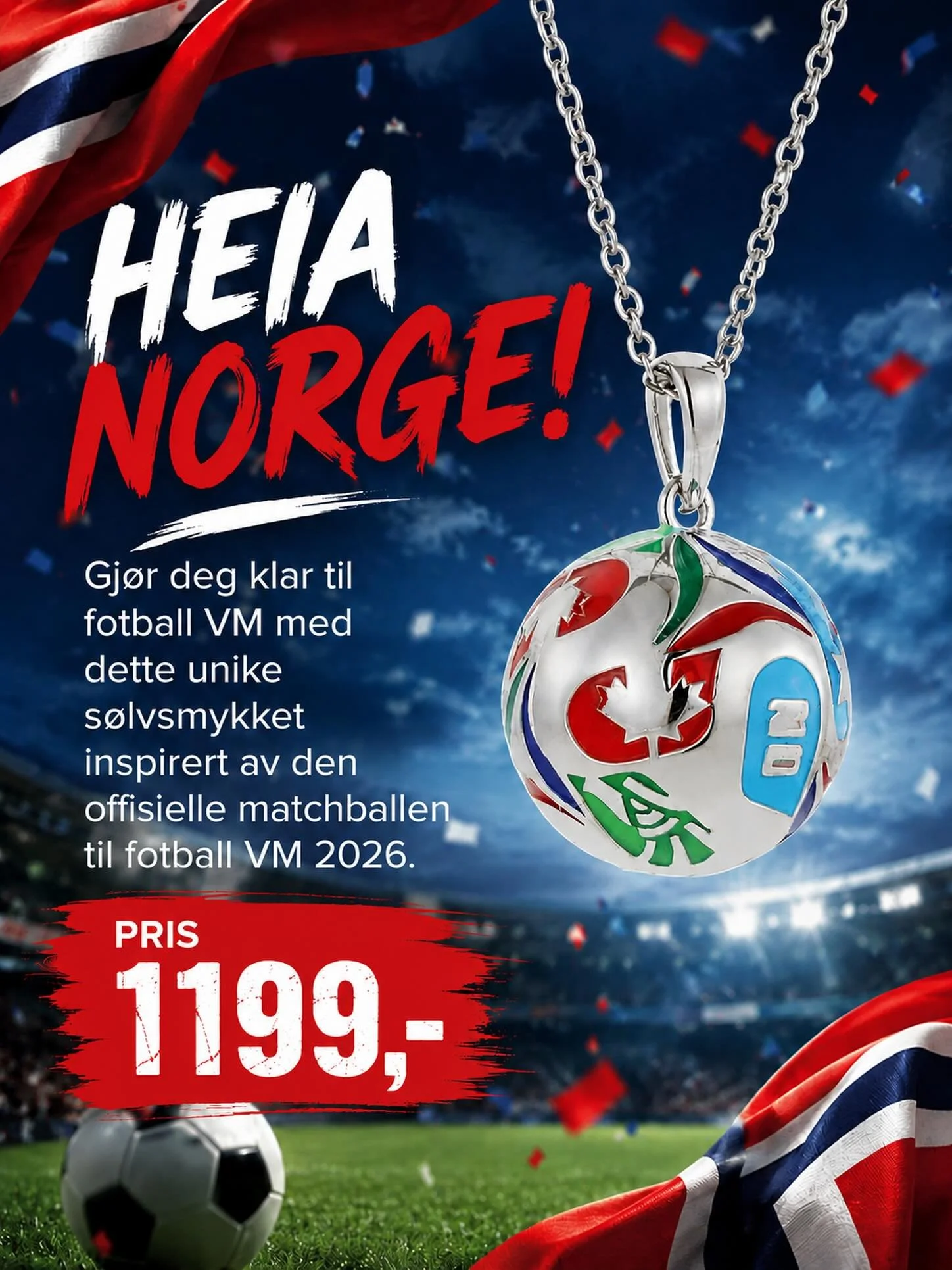 Gj&oslash;r deg klar for fotball VM med dette kule s&oslash;lvsmykket! Passer like godt til b&aring;de ungdom, dame og herre ⚽️