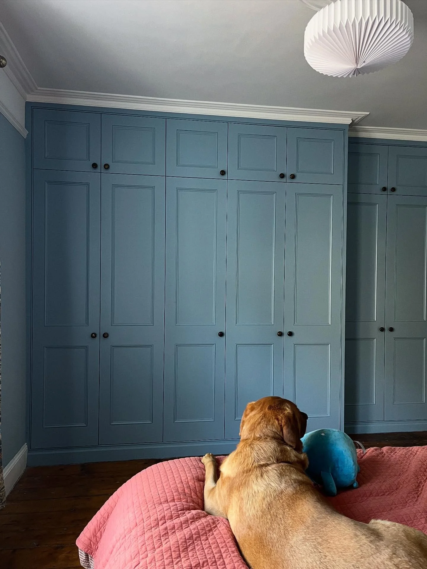 W A R D R O B E S &bull; here&rsquo;s a wall to wall wardrobe Oli built in the spring. A section has been set back with drawers and shelves to allow space for the door. We organised for the room to be replastered by @bathsbest18 and for a new cornice