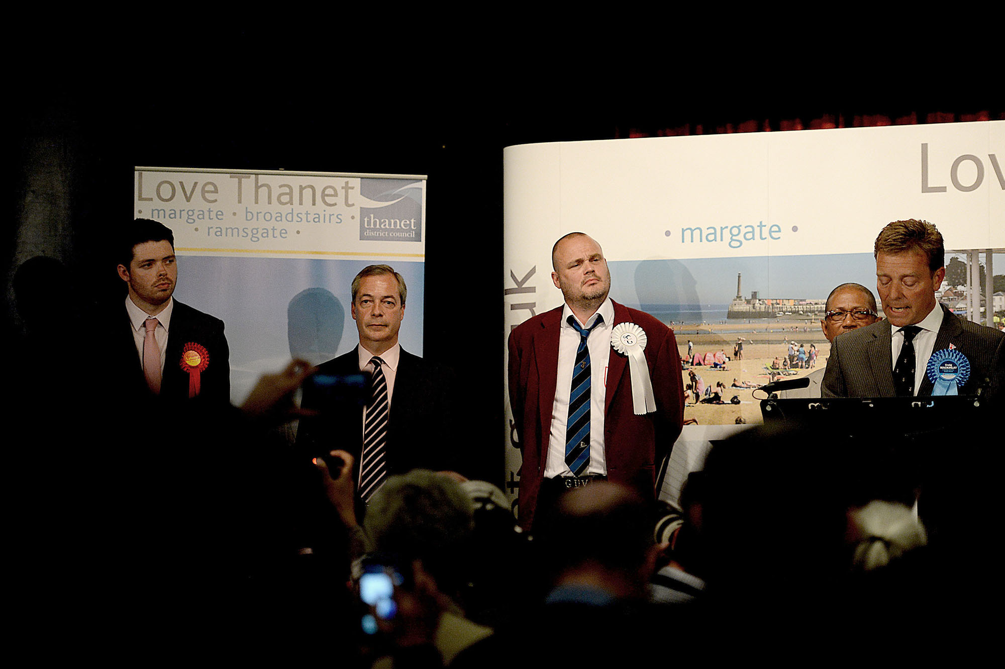 On stage at the Winter Gardens as the South Thanet election results are revealed, May 8th 2015