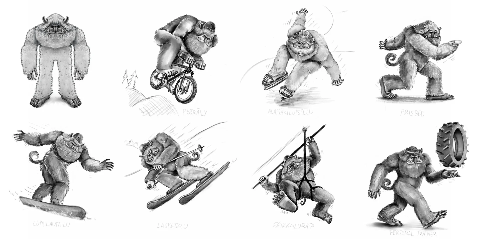 Hahmo seikkailee Laajiksen eri aktiviteeteissa. Luonnokset toteuttiin digitaalisena, työkaluina Corel Painter ja Wacom Cintiq.