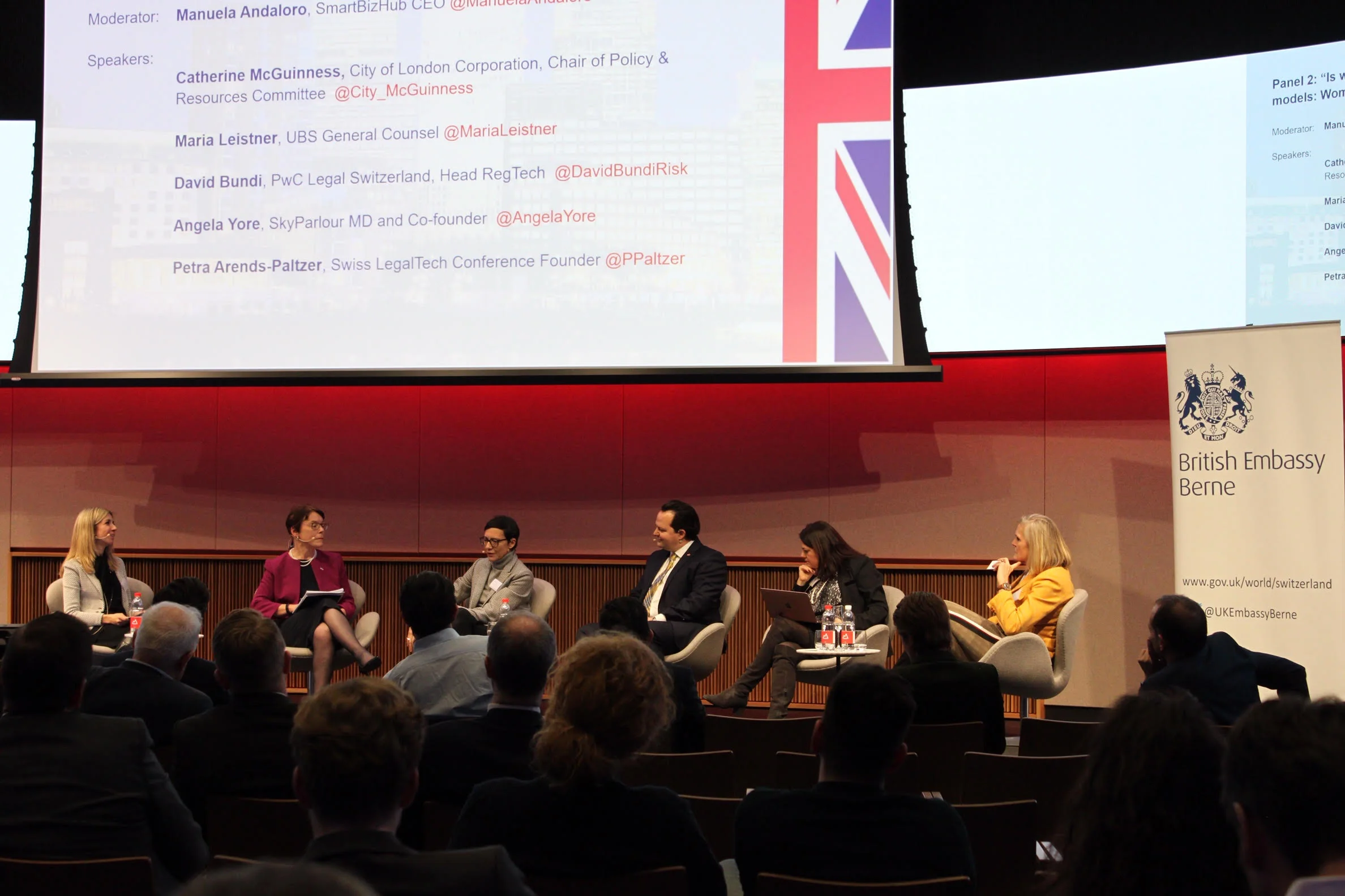 Panel 2: Is work working against us? Establishing new role models: Women in New Finance , with Catherine McGuiness, Chairman of the Policy and Resources Committee, City of London, Maria Leistner, Group Managing Director, General Counsel at UBS, David Bundi, Head RegTech, PwC Legal Switzerland, Angela Yore , MD & Co-founder, SkyParlour, Petra Arends-Paltzer, Founder, Swiss Legal Tech Conference and Manuela Andaloro , CEO, SmartBizHub.