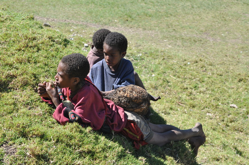  Boys on a hillside in the village center, with a netbag of sweet potatoes. Gua, 2009. 