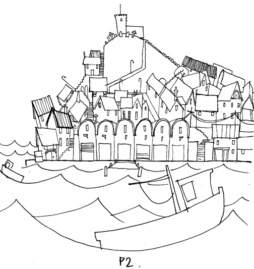 Pen and ink artwork for my Whitby town scene concept.