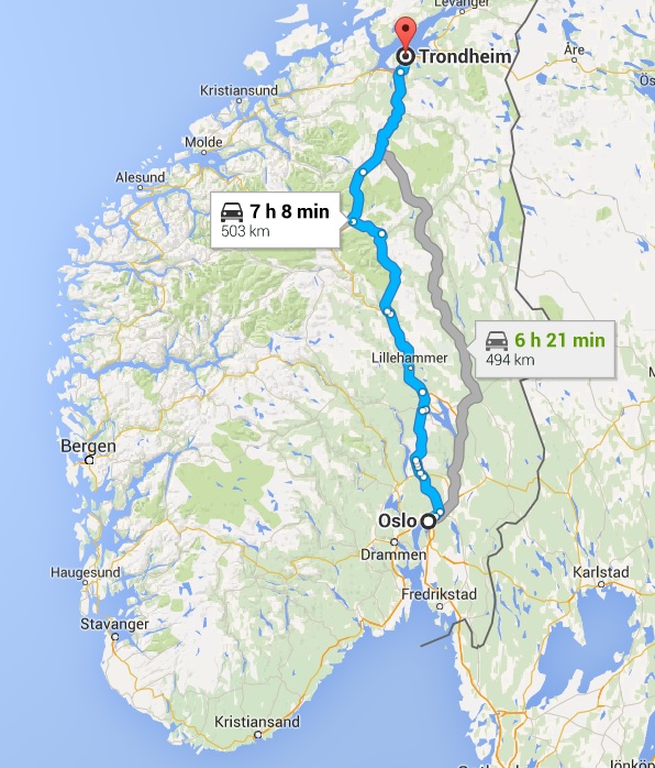 First part of the trip went from Oslo to Trondheim. Courtesy of Google Maps.