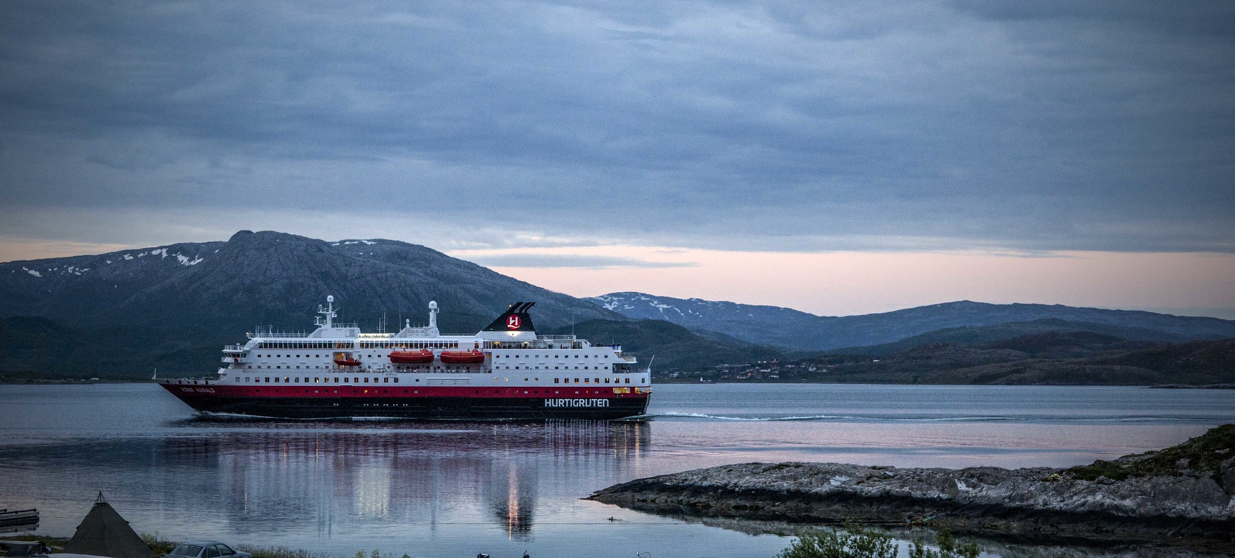 View from Torghatten Camping, Hurtigruten sails past