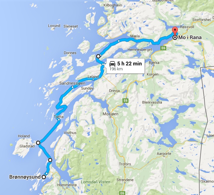 Travel route for day 4. This route takes longer than Google Maps suggests as the ferry to Vega islands only go 4 times a day; two in the morning and two in the afternoon, so you have to spend a minimum of 5 hours there. Source: Google Maps.