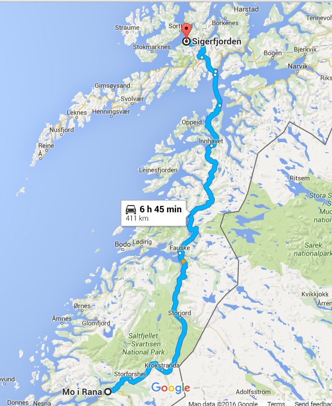 Route for day 4, the last day. Crossing the arctic circe and finally arriving at our summer house. Source: Google Maps