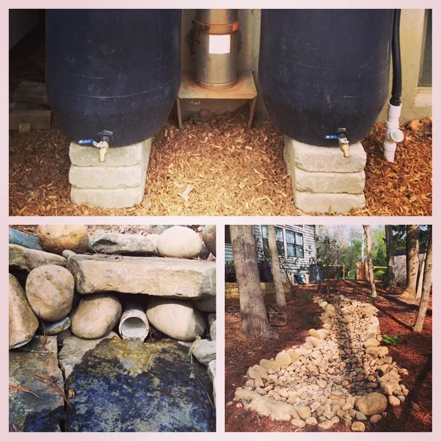 Dry creek and rain barrels