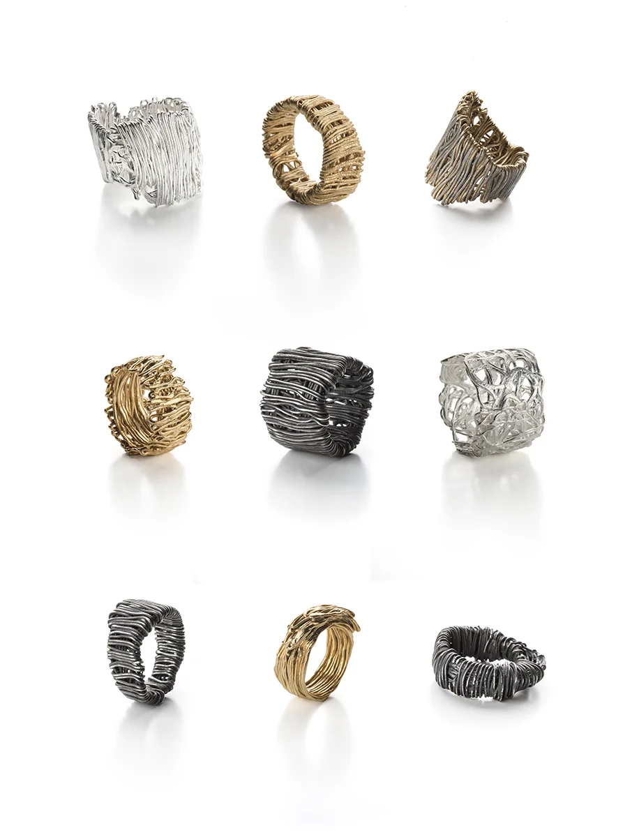 Francesca Urciuoli, "Patched" and "Knotted" rings | Oxidised silver, silver, gold plated silver, photo: Federico Cavicchioli