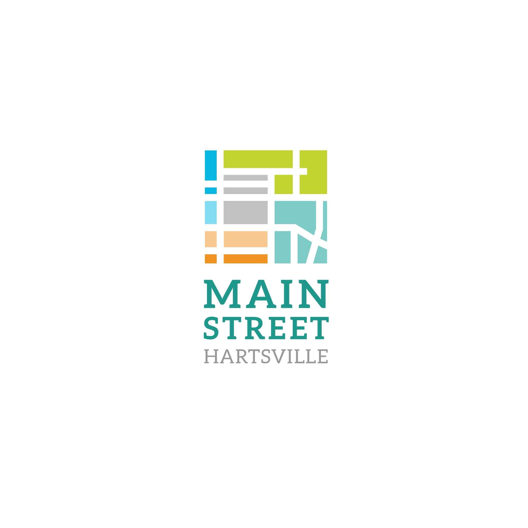 A new brand for a new organization. The new brandmark is based on map of downtown Hartsville, SC.
