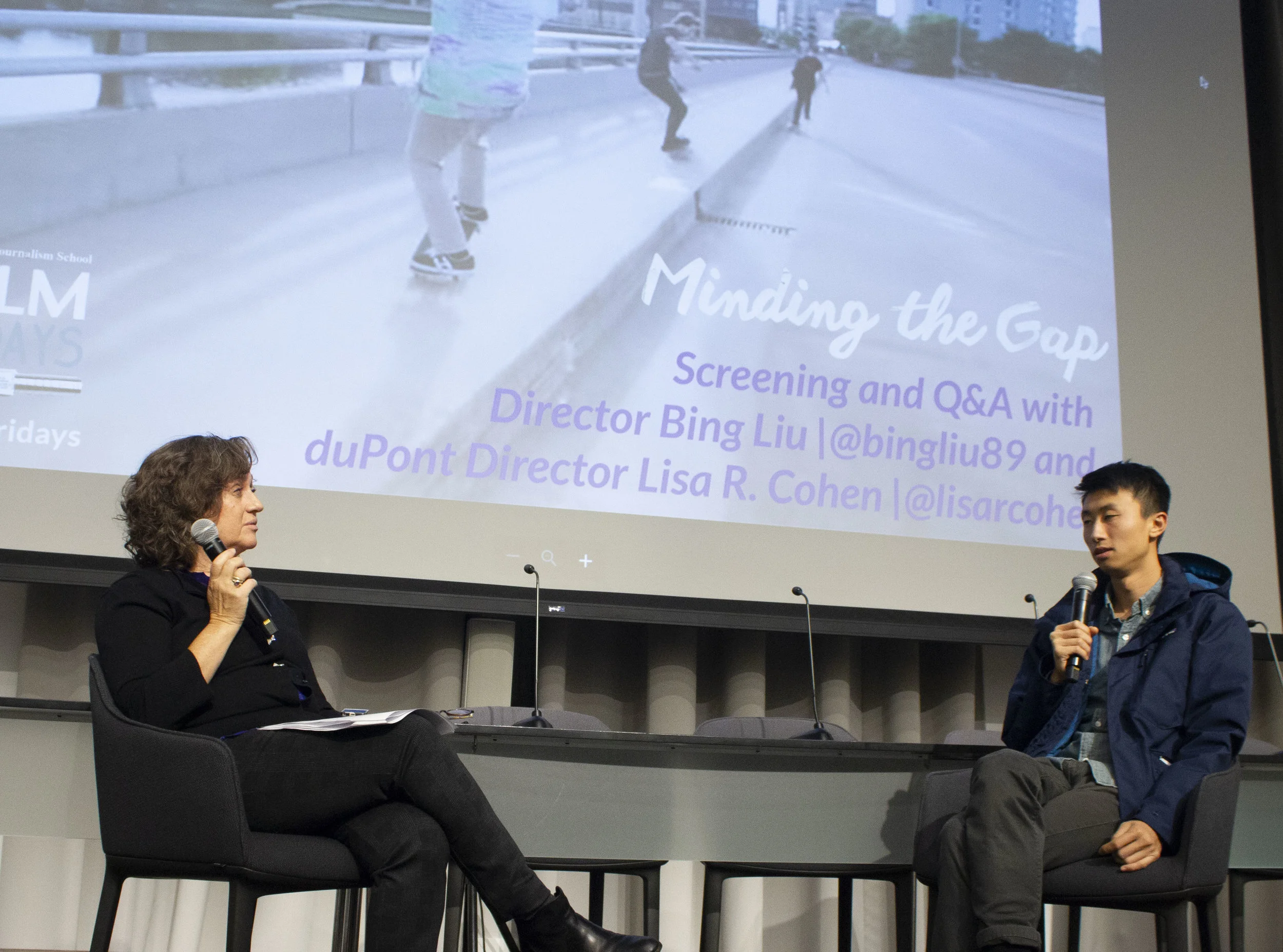 Director Bing Liu in a Q&A with duPont Awards Director Lisa R. Cohen at the Columbia Journalism School post screening his Oscar-nominated film: “Minding the Gap.”