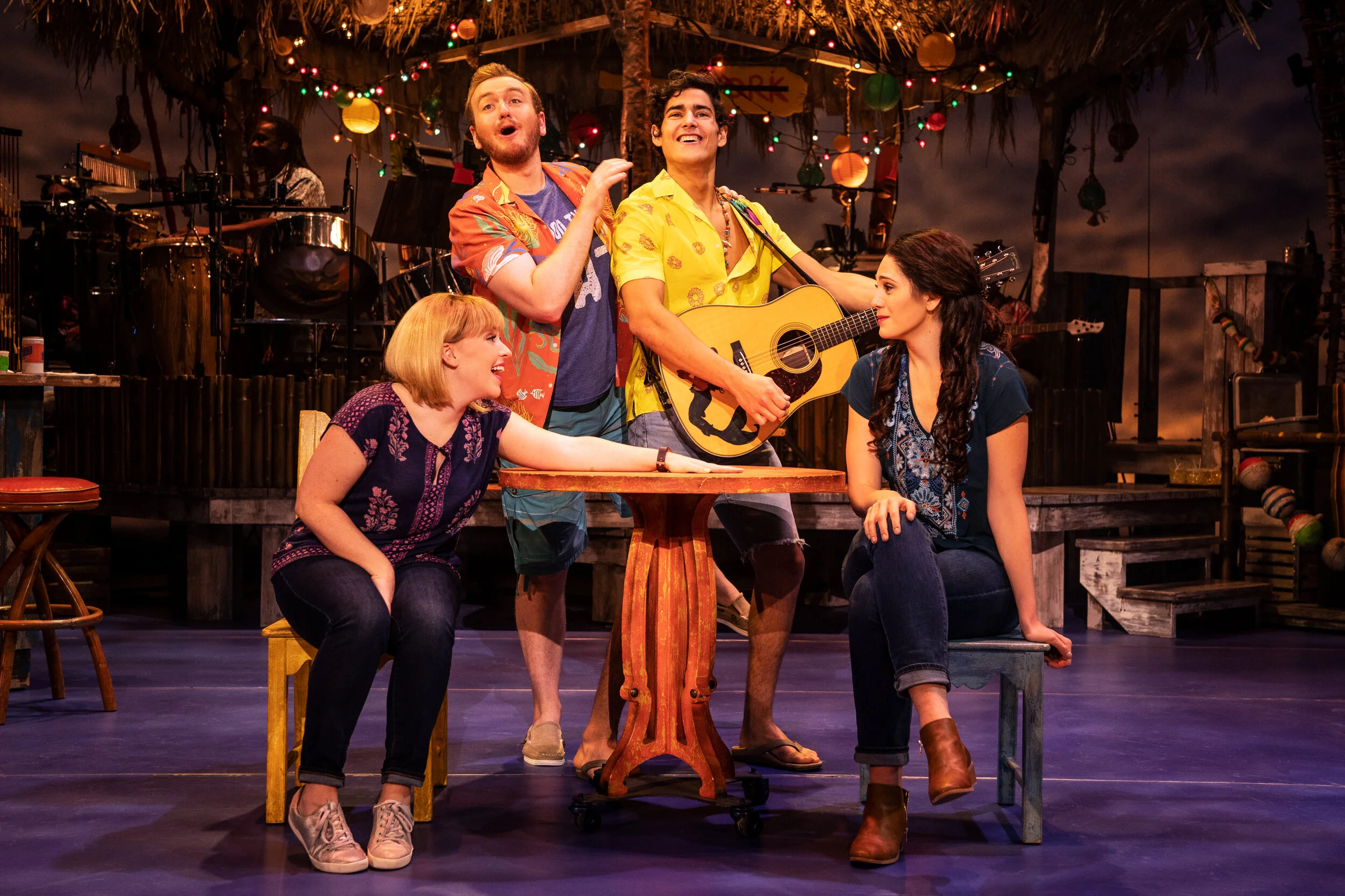 Shelly Lynn Walsh as Tammy, Peter Michael Jordan as Brick, Chris Clark as Tully, Sarah Hinrichsen as Rachelin Jimmy Buffett’s ESCAPE TO MARGARITAVILLE. © Matthew Murphy